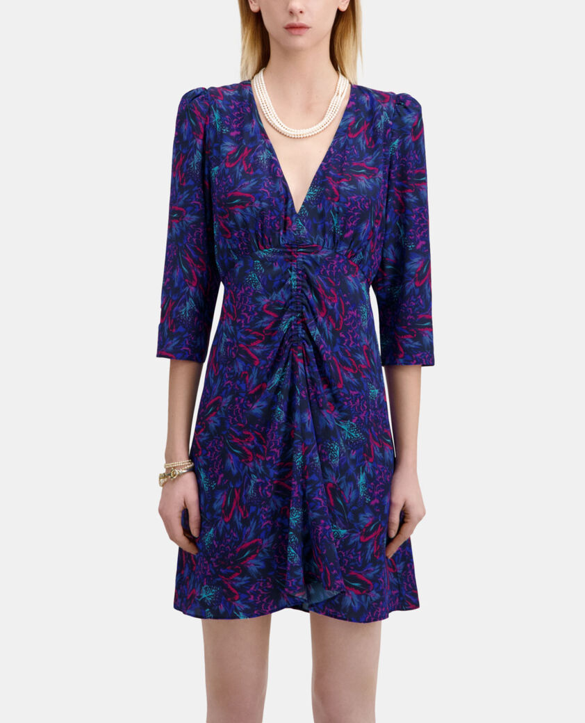 The Kooples FEMME BLUE RED robe courte imprimée en soie avec fronces