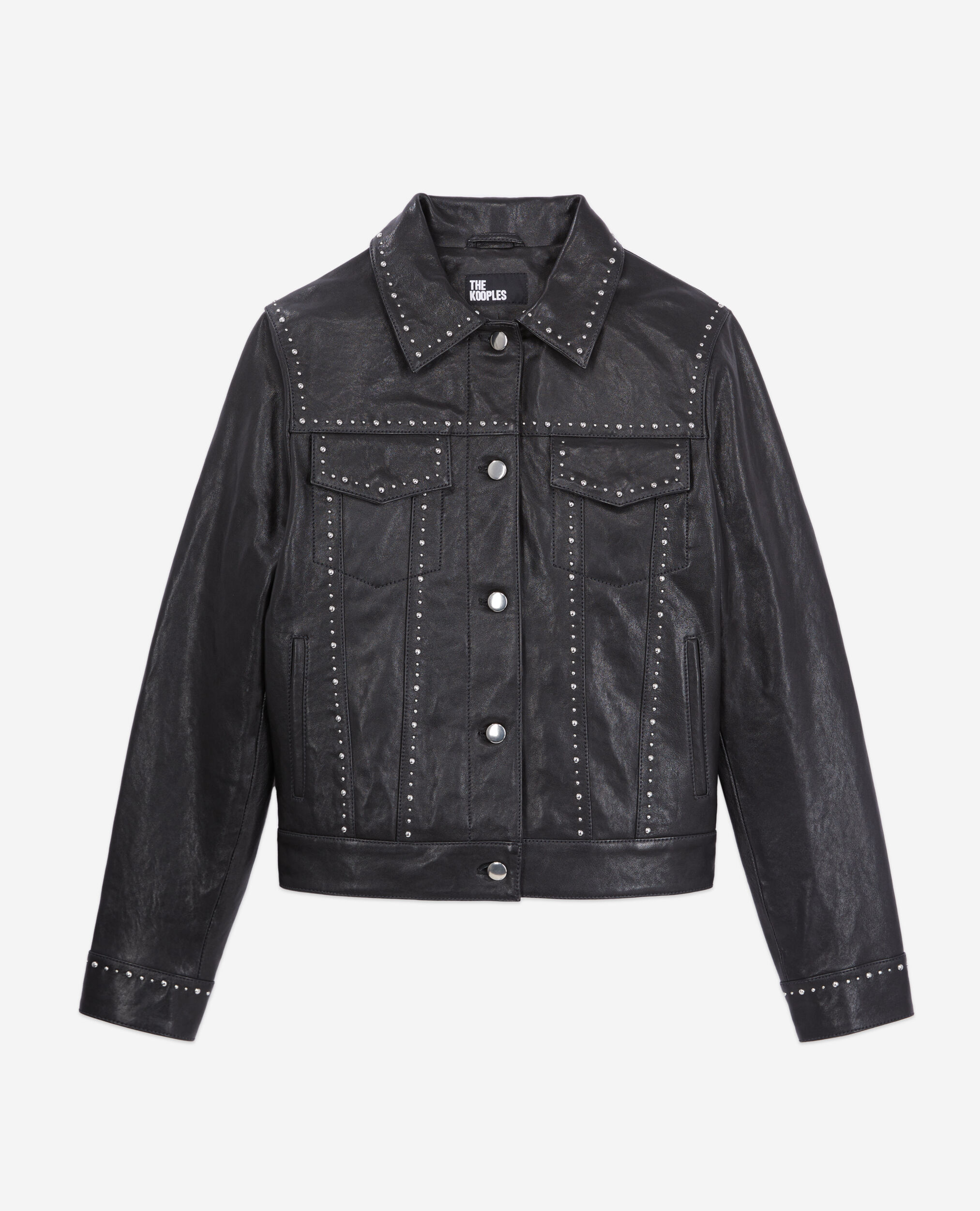 Black leather jacket with studs, BLACK, hi-res image number null