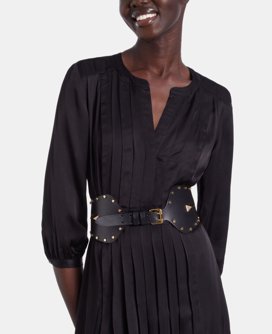 The Kooples WOMEN BLACK wide black leather belt with studs and metallic inserts