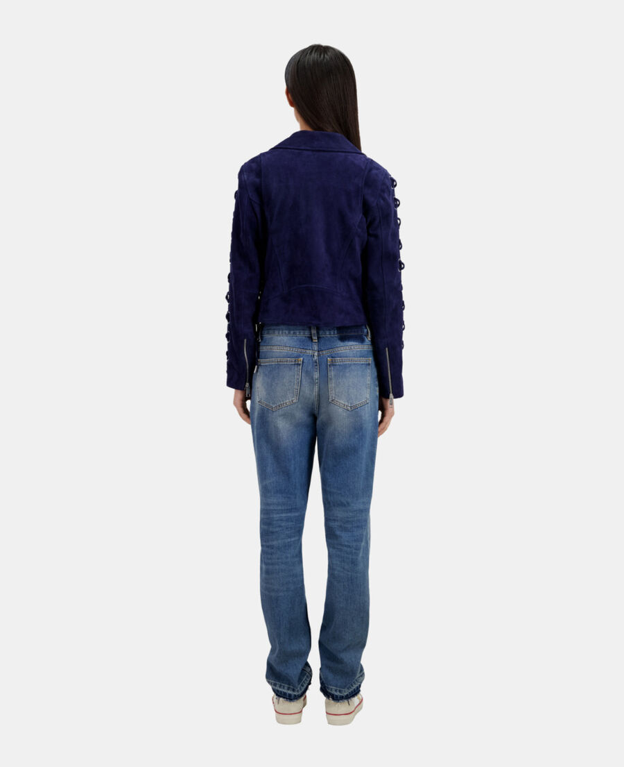 The Kooples DAMEN DARK BLUE marineblaue bikerjacke aus veloursleder