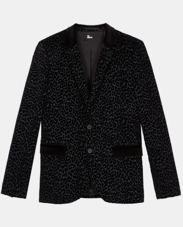schwarze anzujacke mit leopardenmotiv