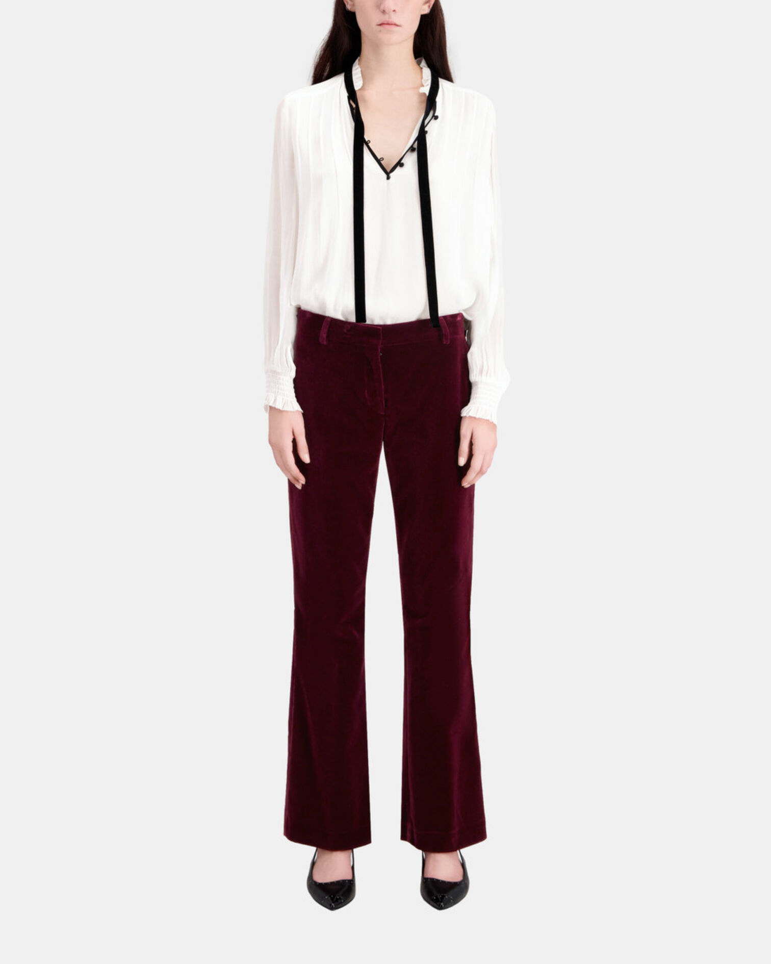 Pantalon tailleur bordeaux en velours, BURGUNDY, hi-res image number null