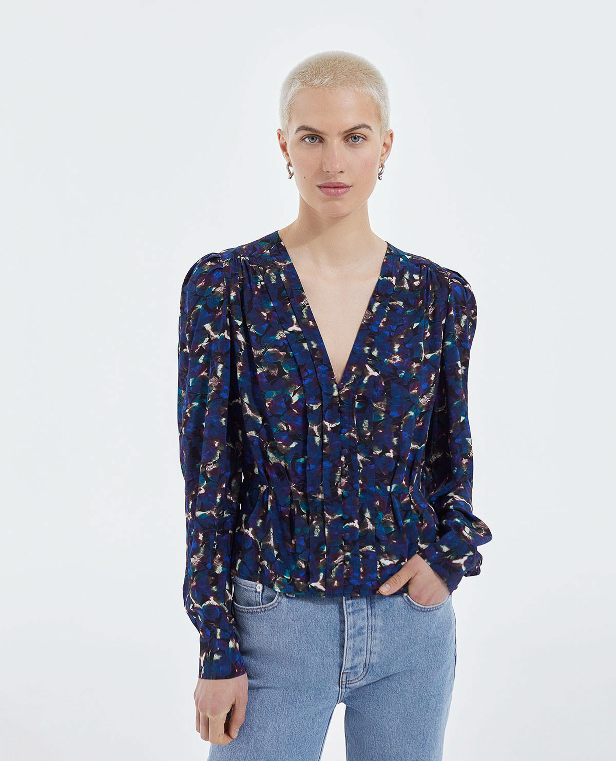 Flowing blue top w/ pleating and floral motif, BLUE, hi-res image number null