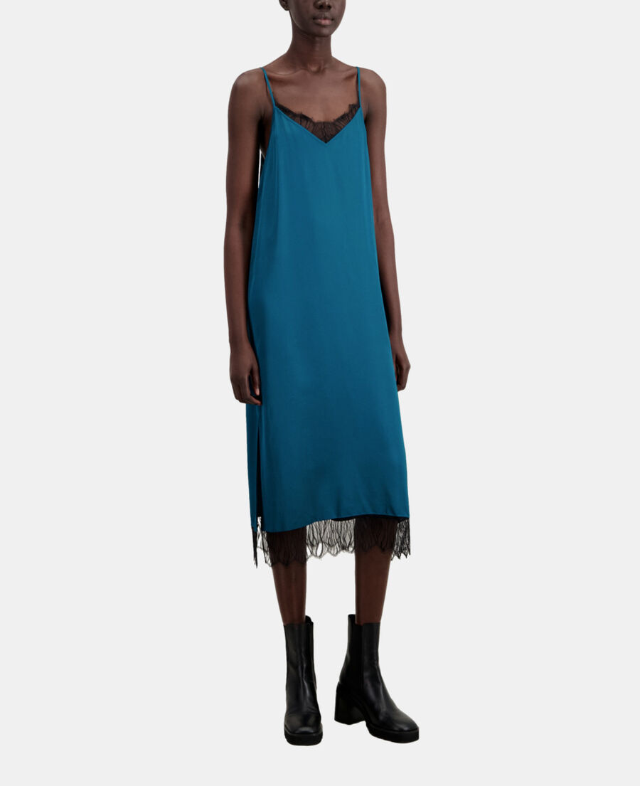 long blue slip dress with lace details