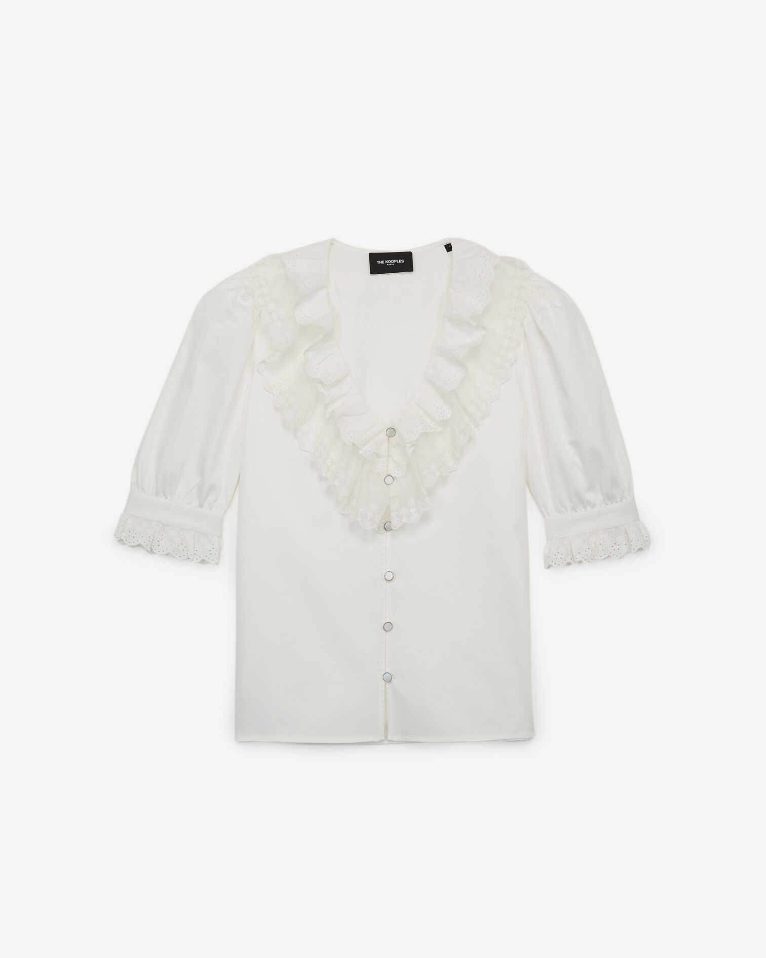 Buttoned ecru cotton shirt with frills, ECRU, hi-res image number null