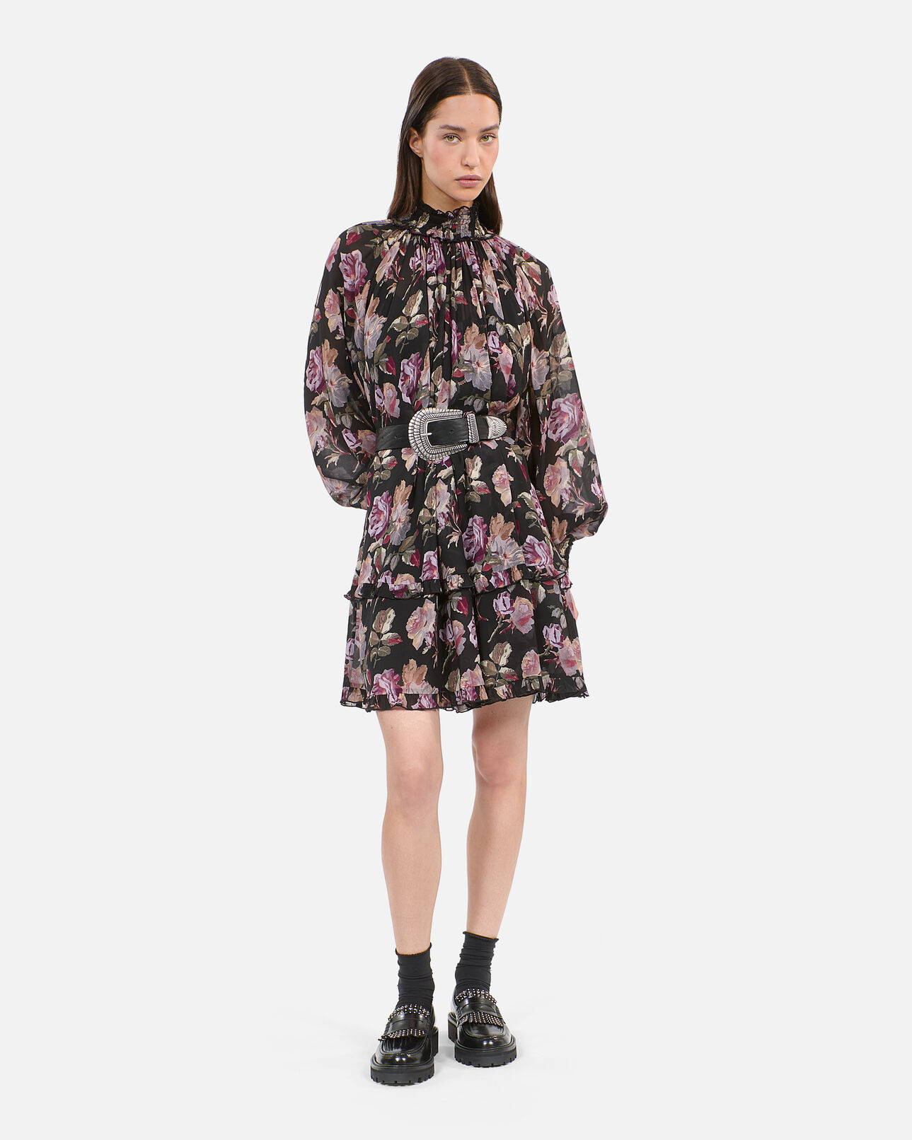 The Kooples FEMME BLACK / PURPLE robe courte imprimé fleuri