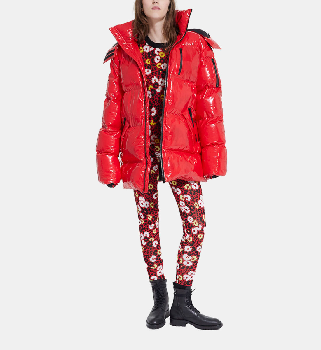 Red oversized vinyl down jacket with straps and logo The Kooples