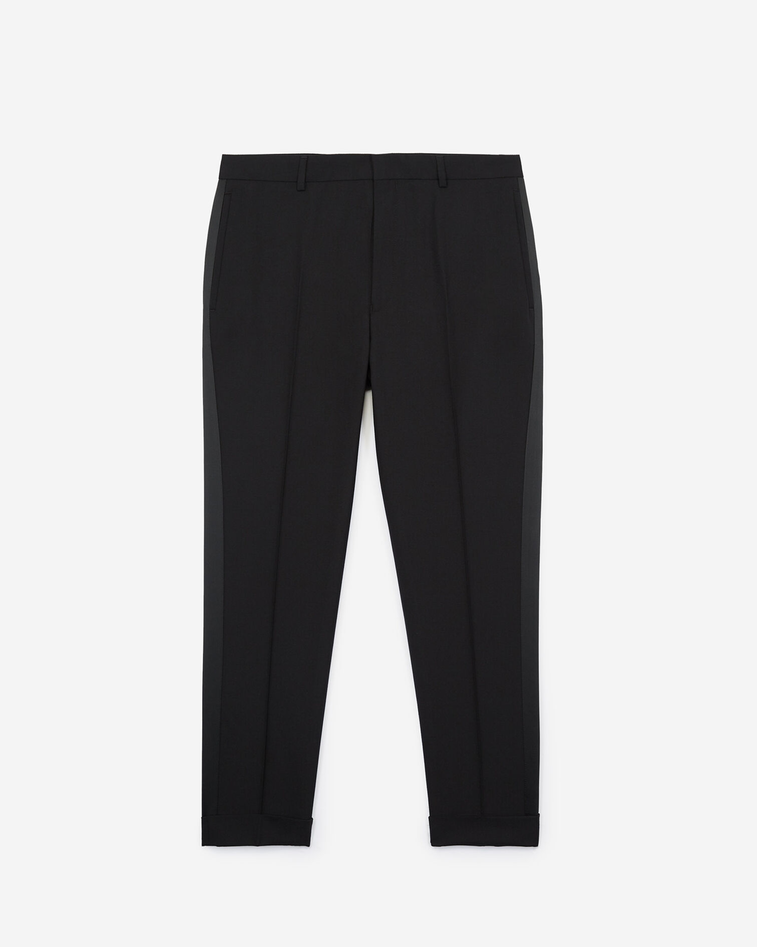 Wool trousers with satin bands and turn-ups at the bottom of the legs, BLACK, hi-res image number null