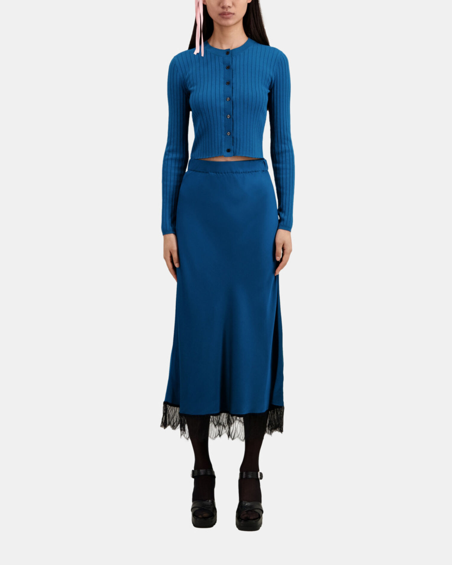 Long blue skirt with lace details, MEDIUM BLUE, hi-res image number null