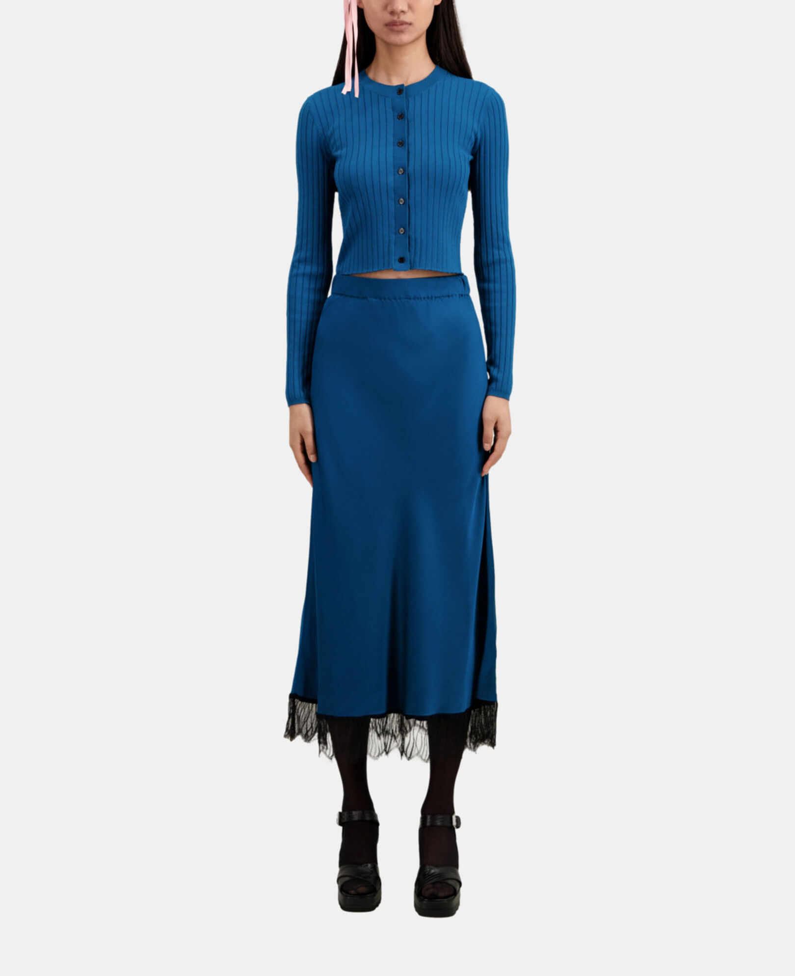 The Kooples FEMME MEDIUM BLUE jupe bleue longue avec détails en dentelle