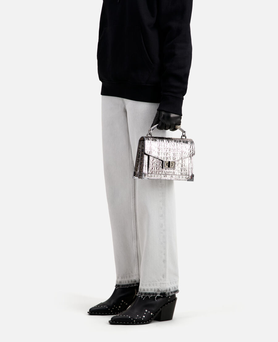 emily small bag in silver crocodile-effect leather