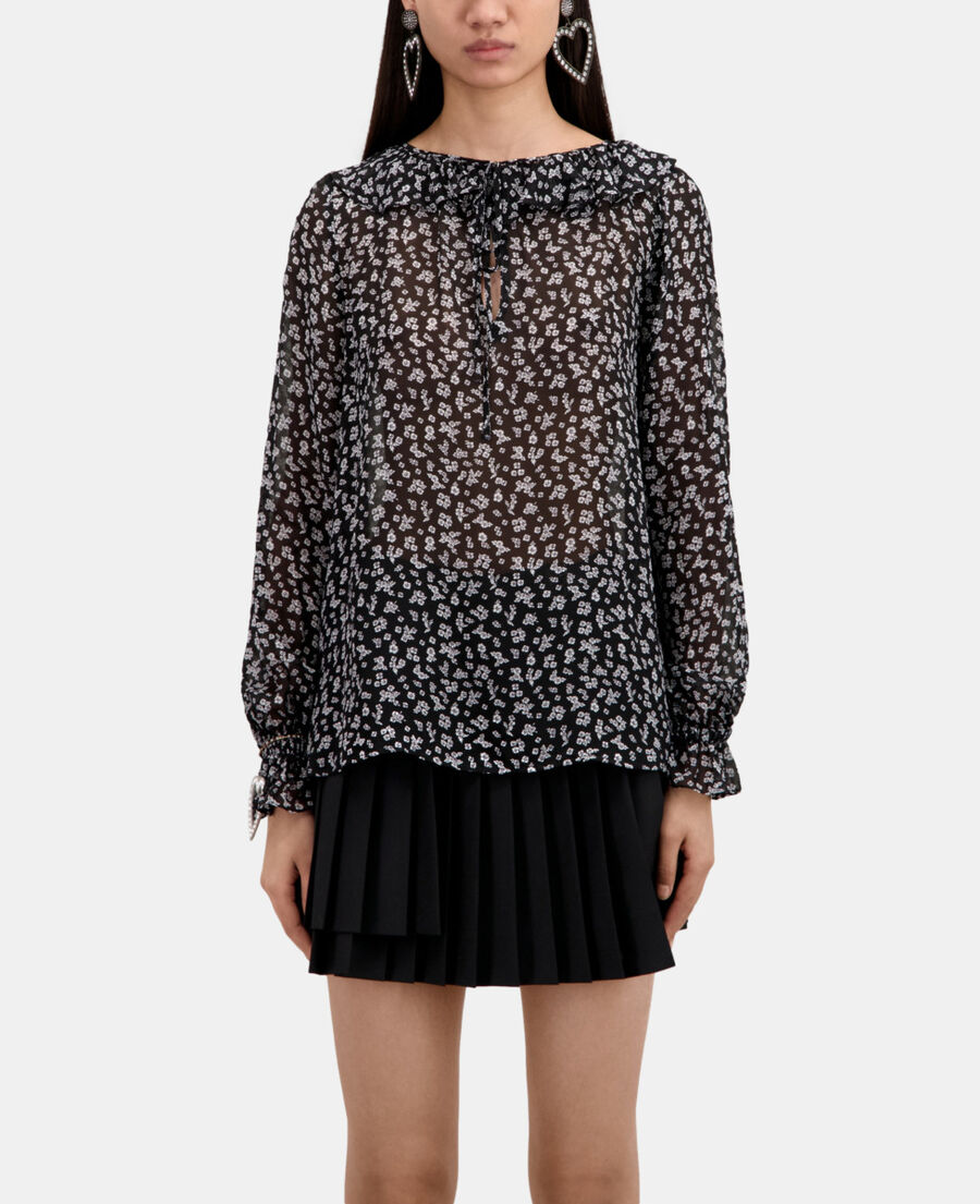 The Kooples F BLACK-ECRU printed top with ruffles
