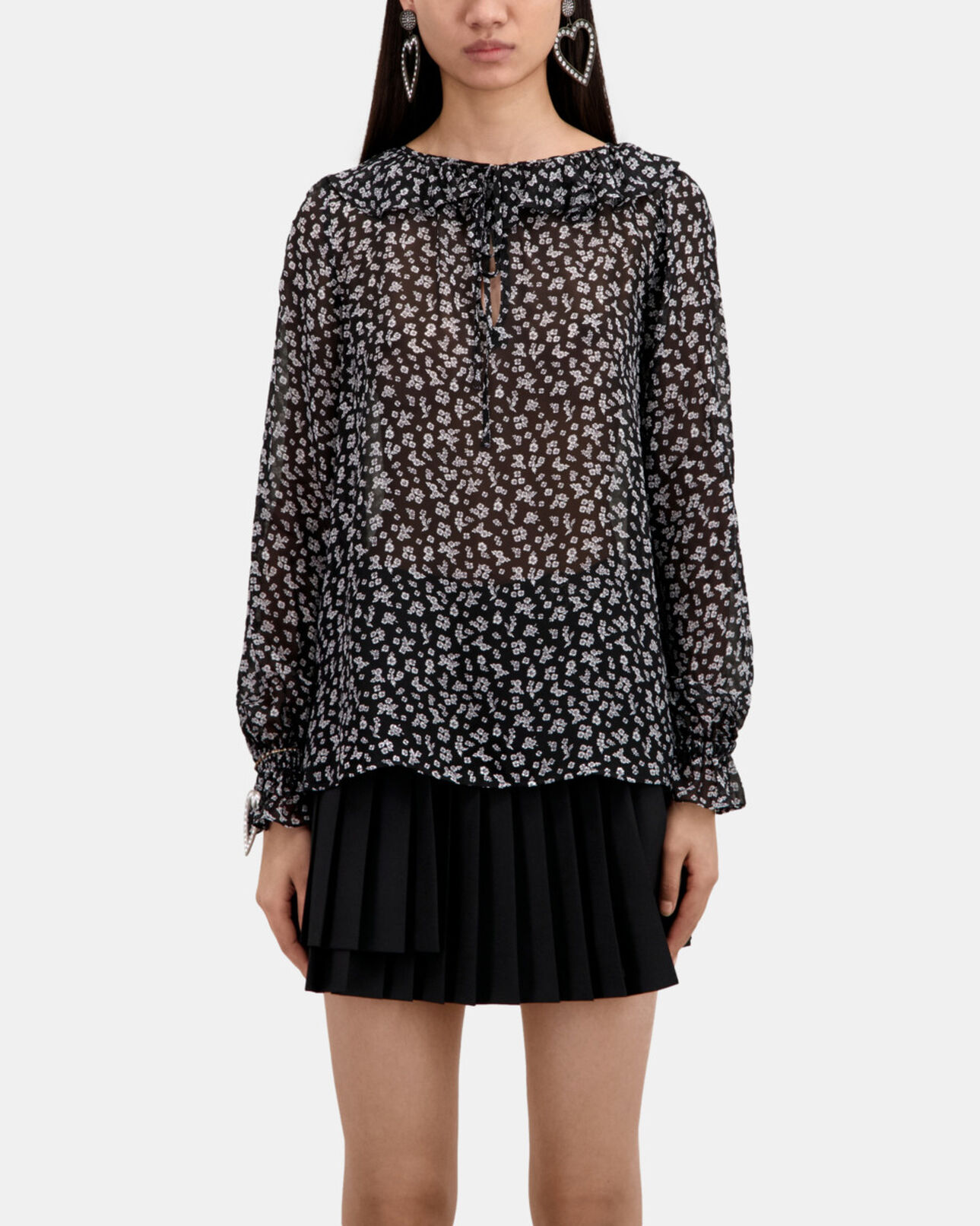 The Kooples WOMEN BLACK-ECRU printed top with ruffles