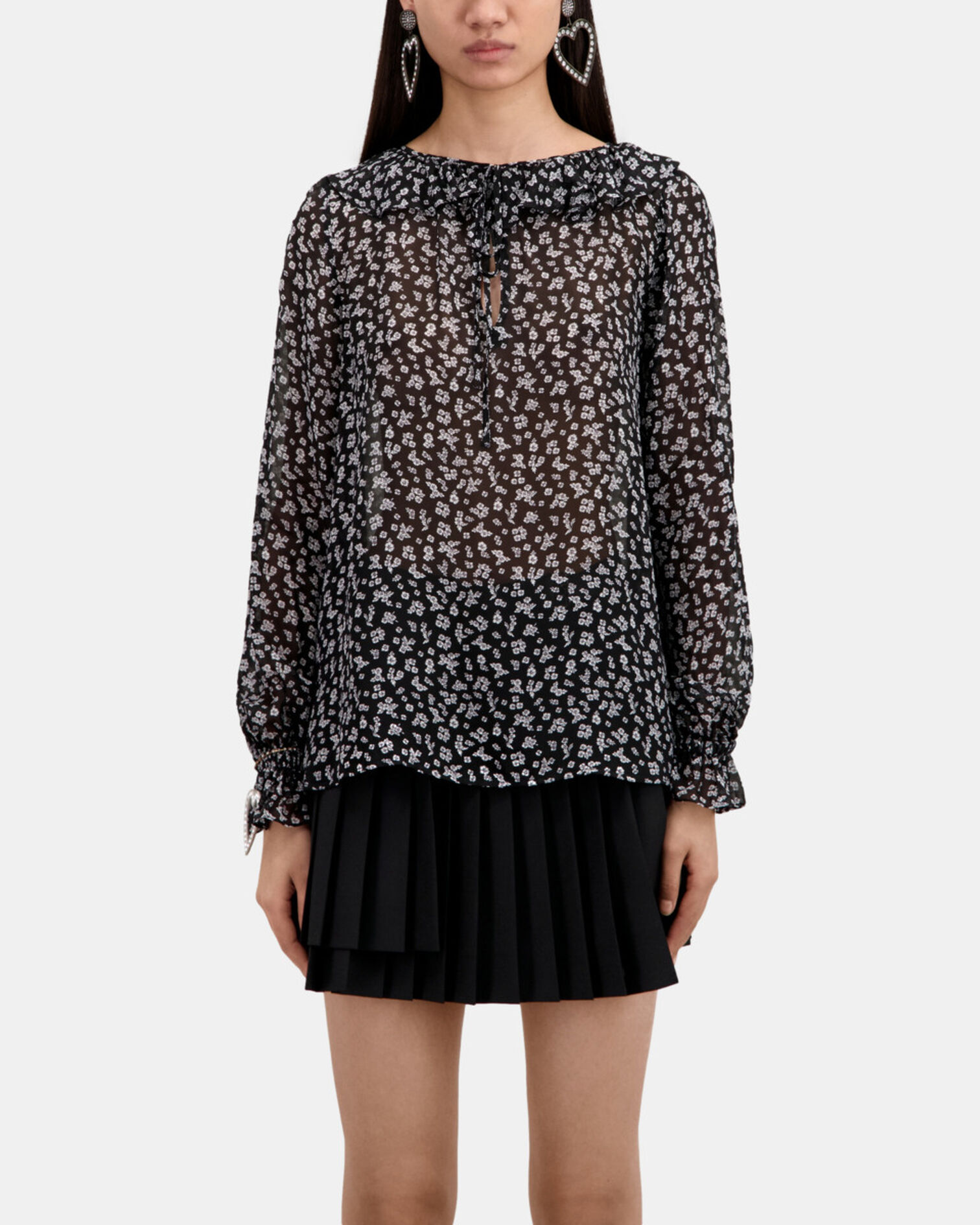 Printed top with ruffles, BLACK-ECRU, hi-res image number null