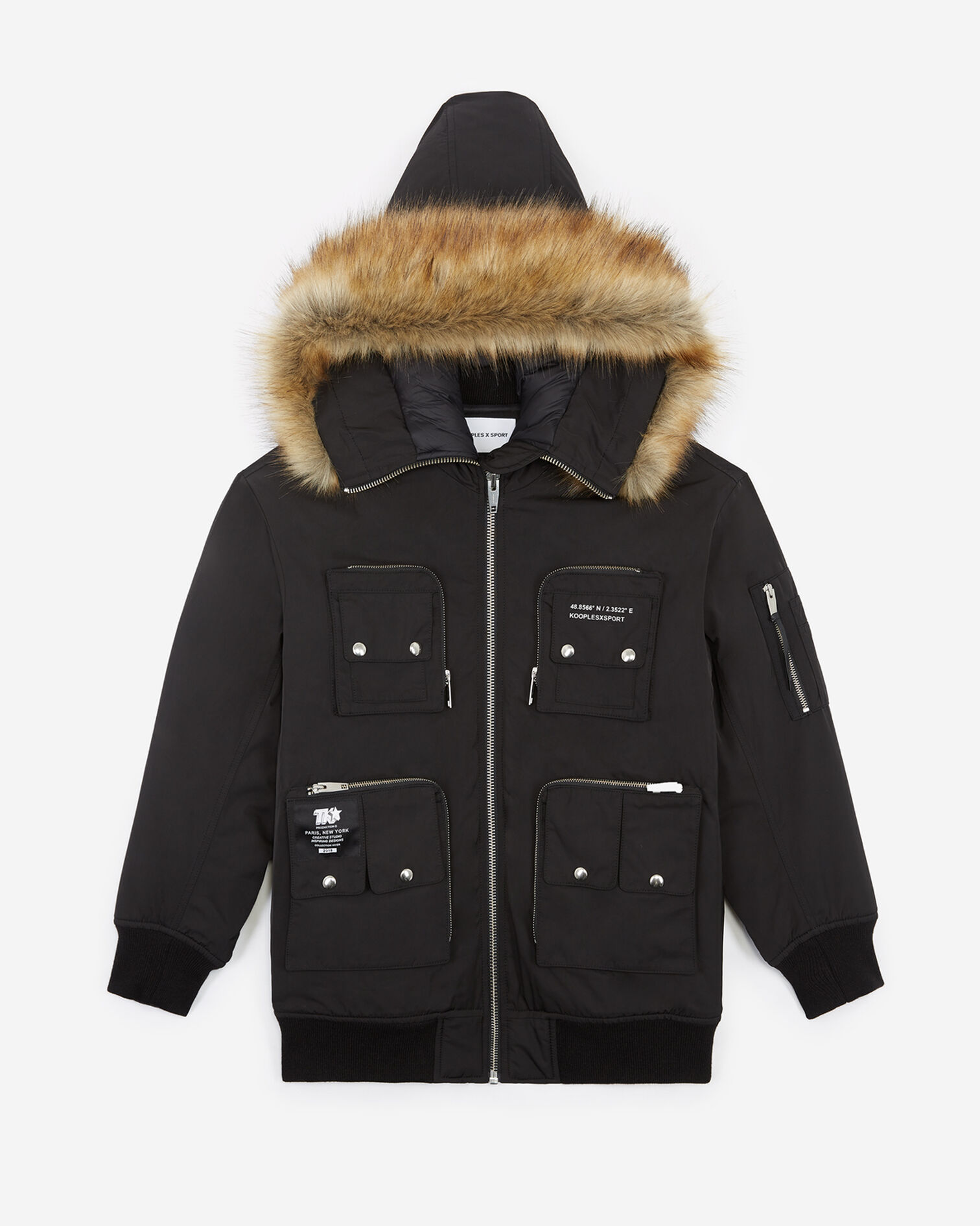 Black nylon jacket with multiple pockets+hood, BLACK, hi-res image number null