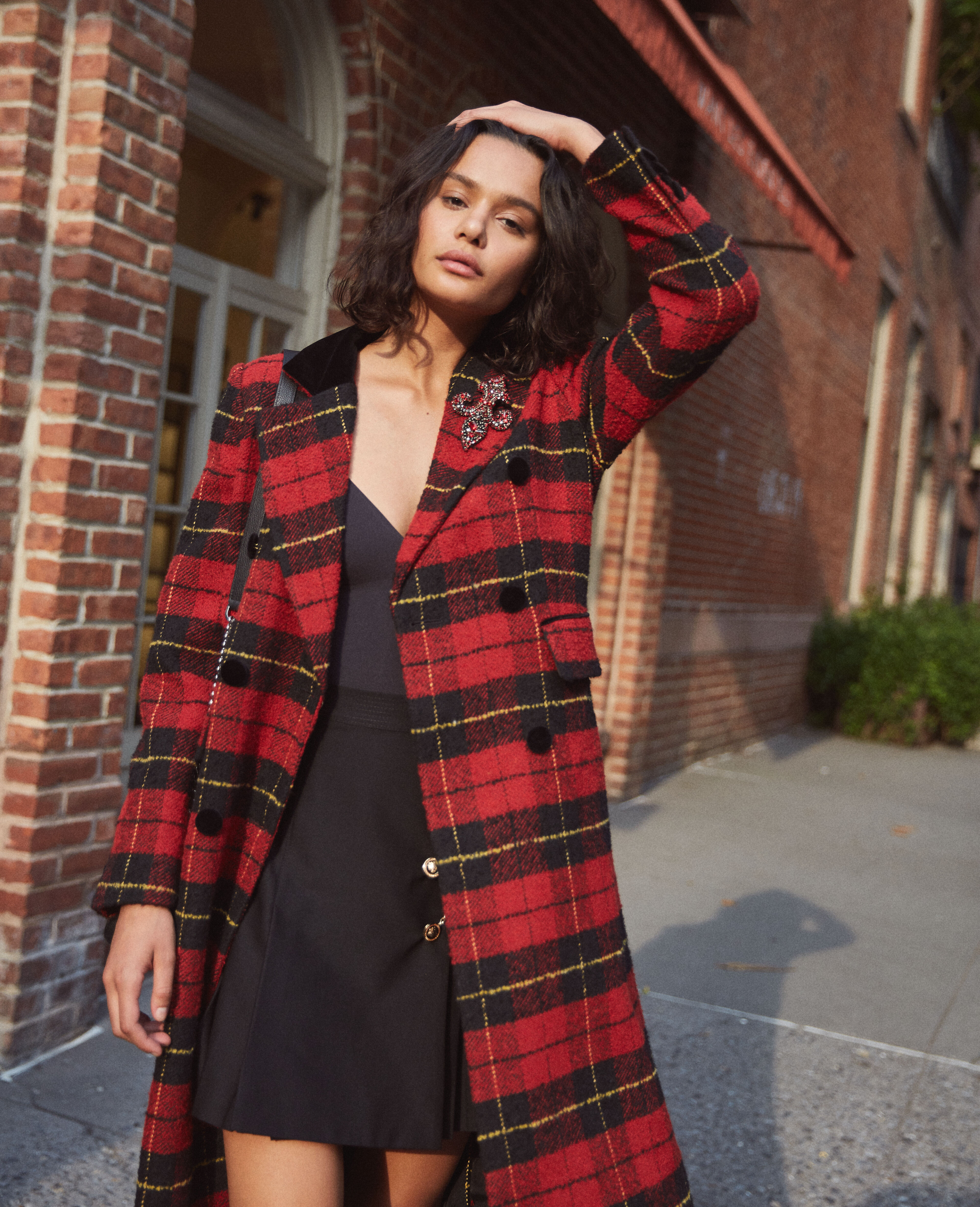 Red black on sale check coat