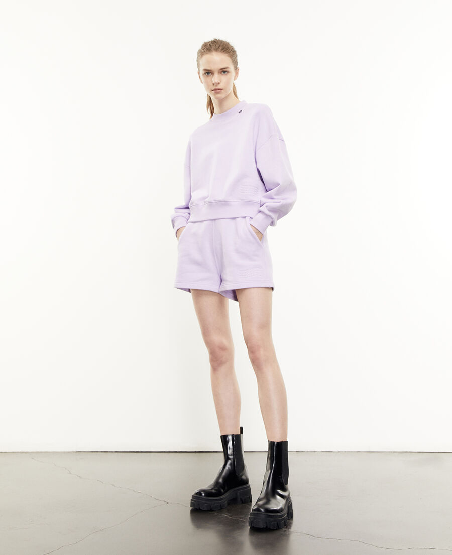 purple sweatshirt with embossed logo