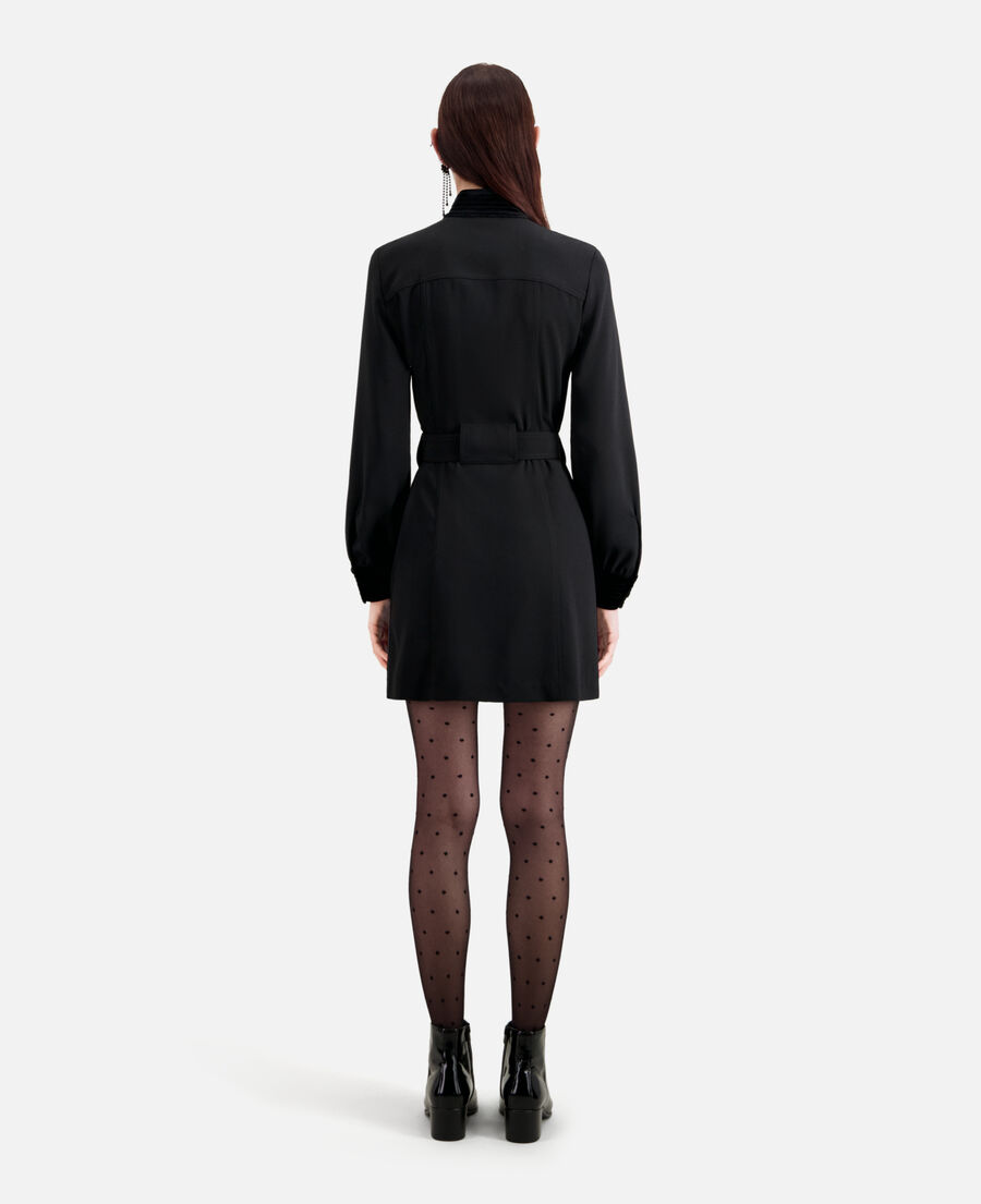 short black crepe dress with velvet details