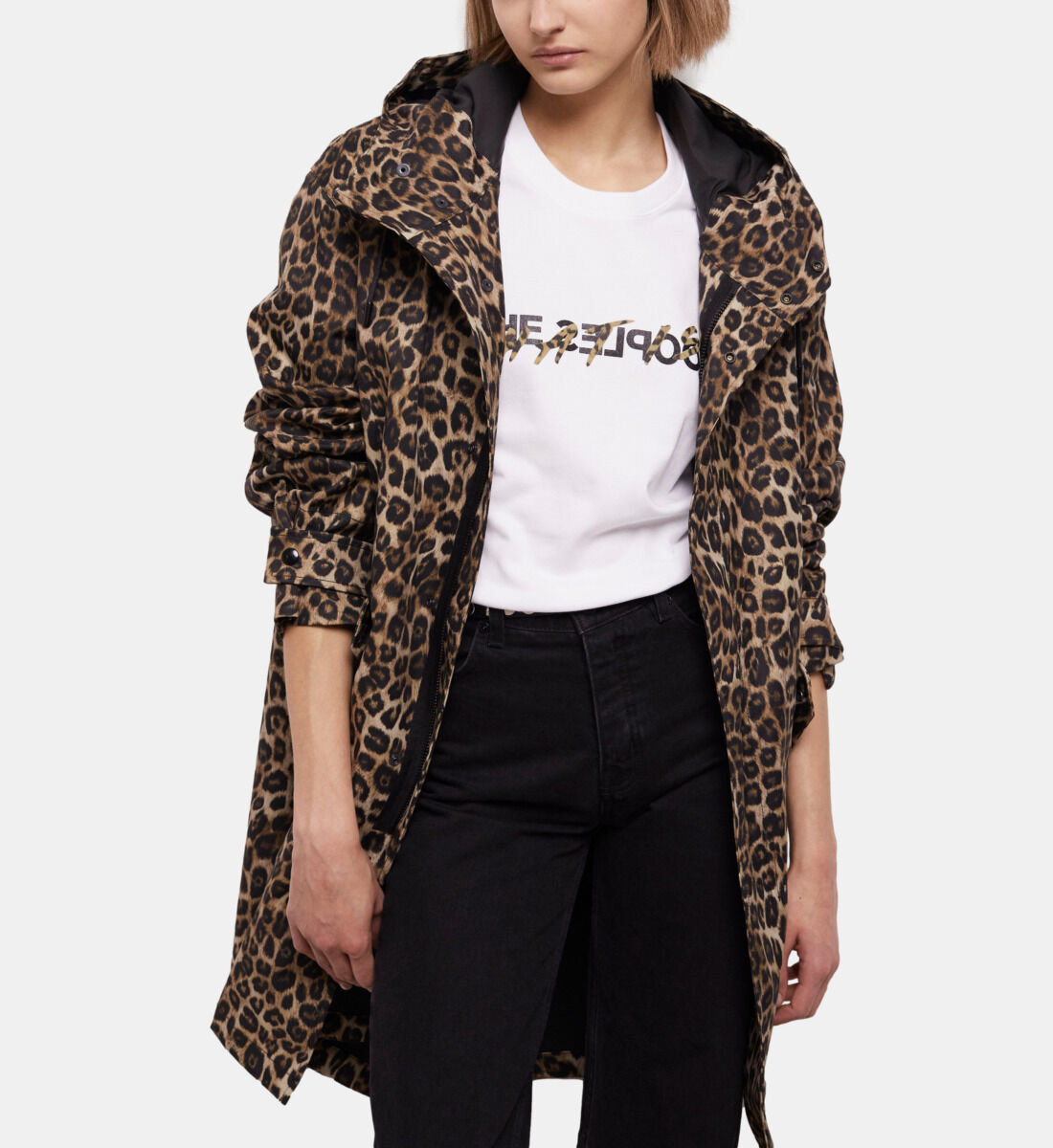 Long parka with leopard print hood