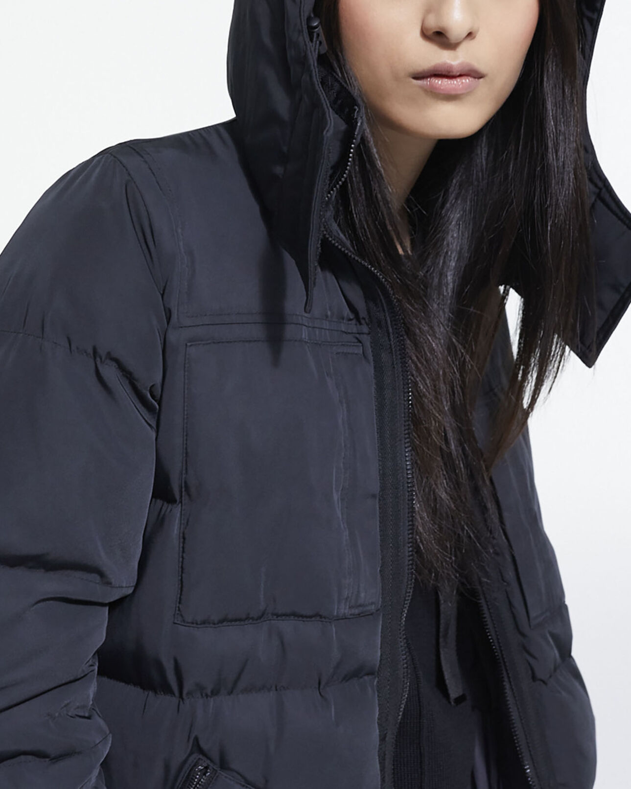 The Kooples WOMEN BLACK long black down jacket with straps and logo