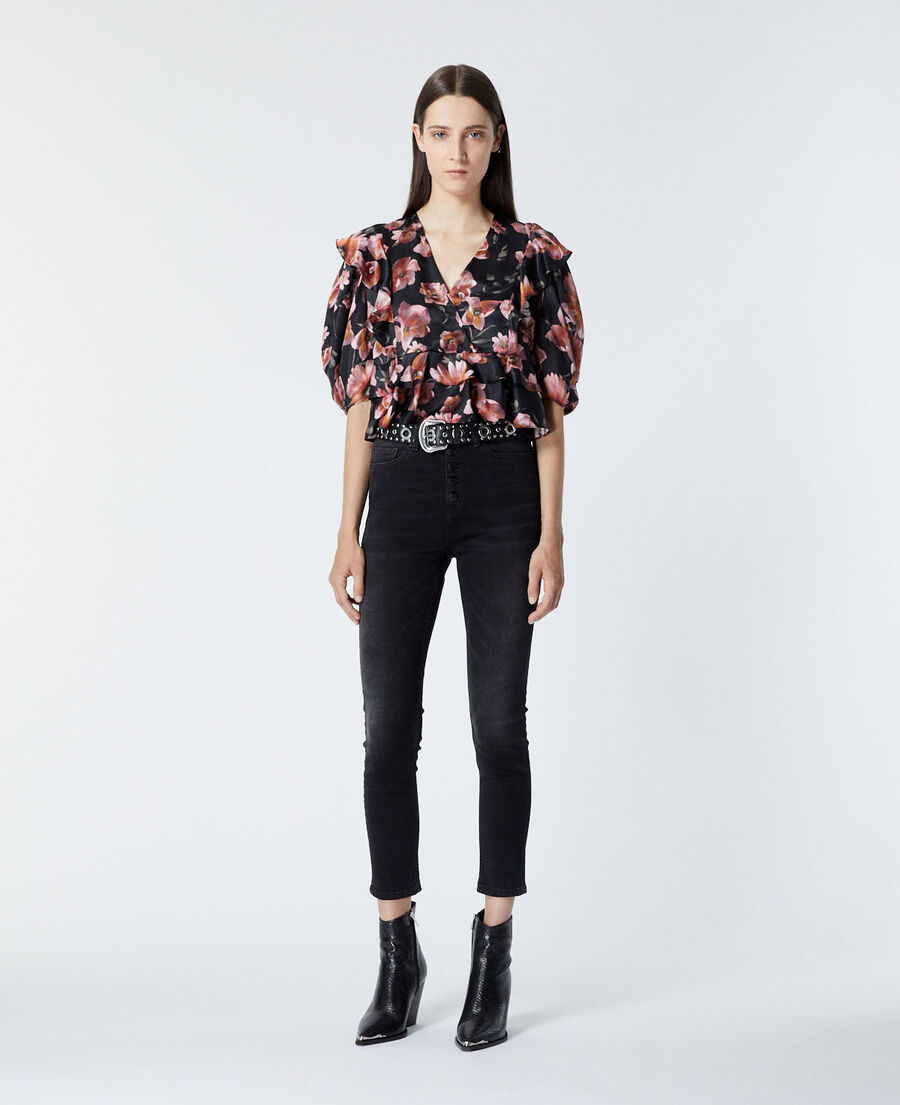 frilly black top with floral print