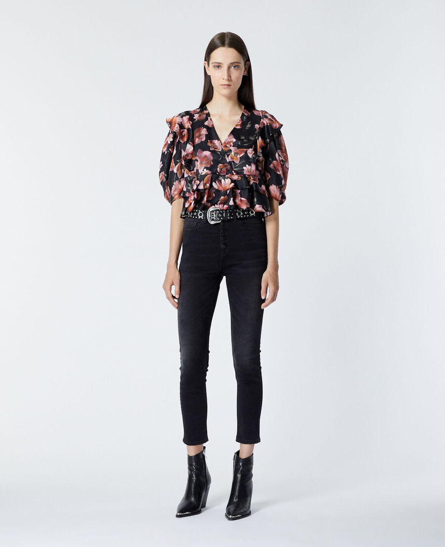 top negro volantes estampado floral