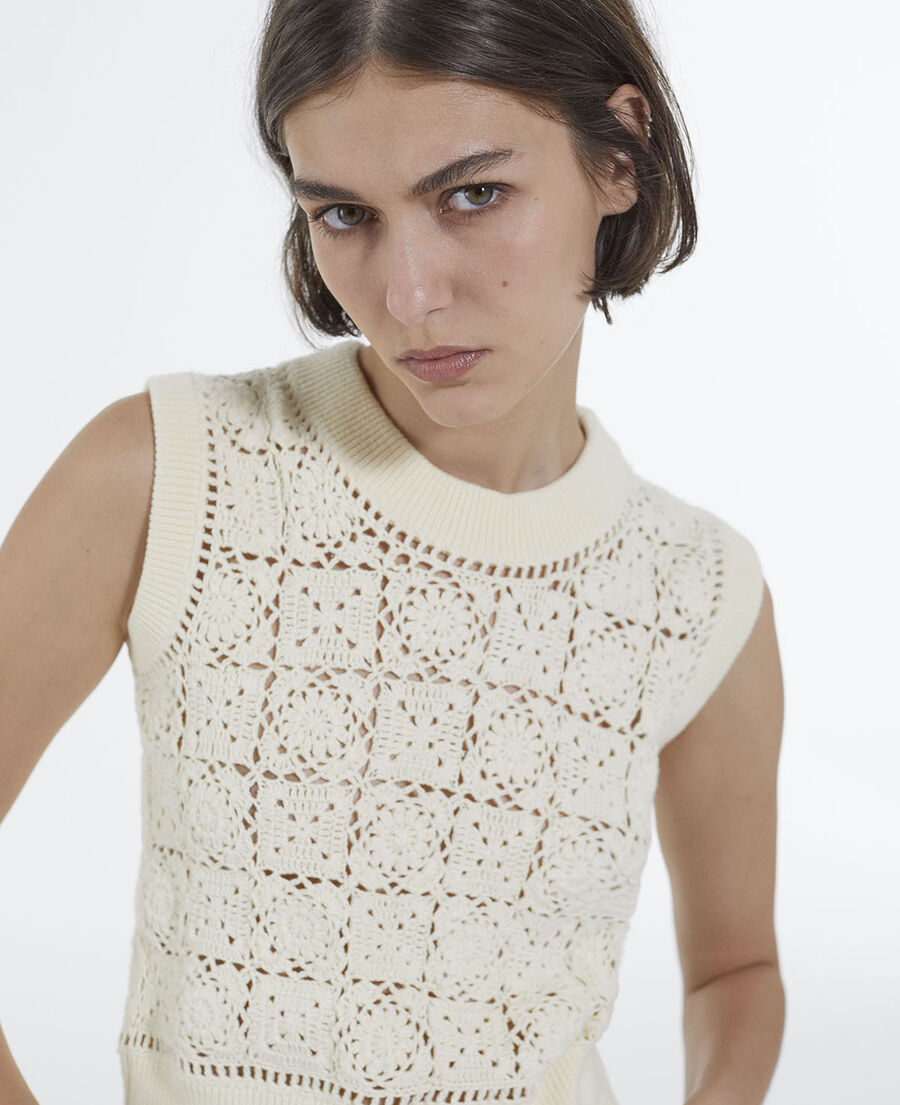 sleeveless crochet-effect ecru cotton sweater