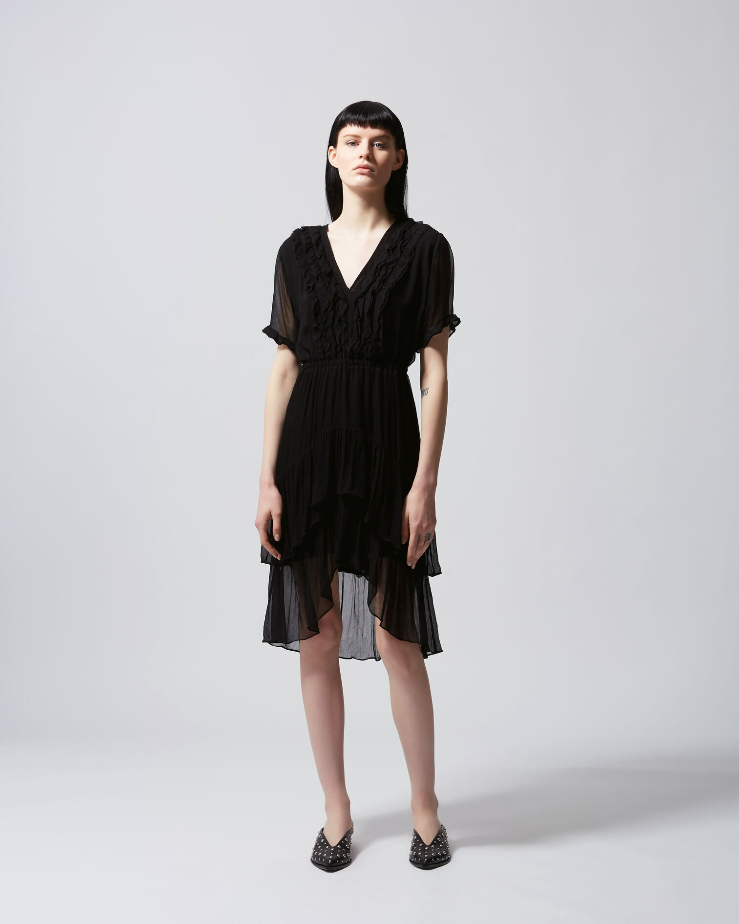 Frilly long black dress with plunging V-neck, BLACK, hi-res image number null