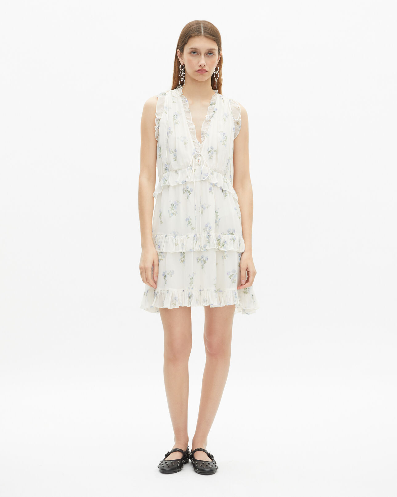 The Kooples DAMEN WHITE / SKY BLUE kurzes kleid mit rüschen im blumendruck weiß