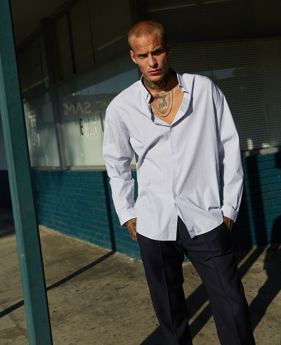 oversized blue and white striped cotton shirt