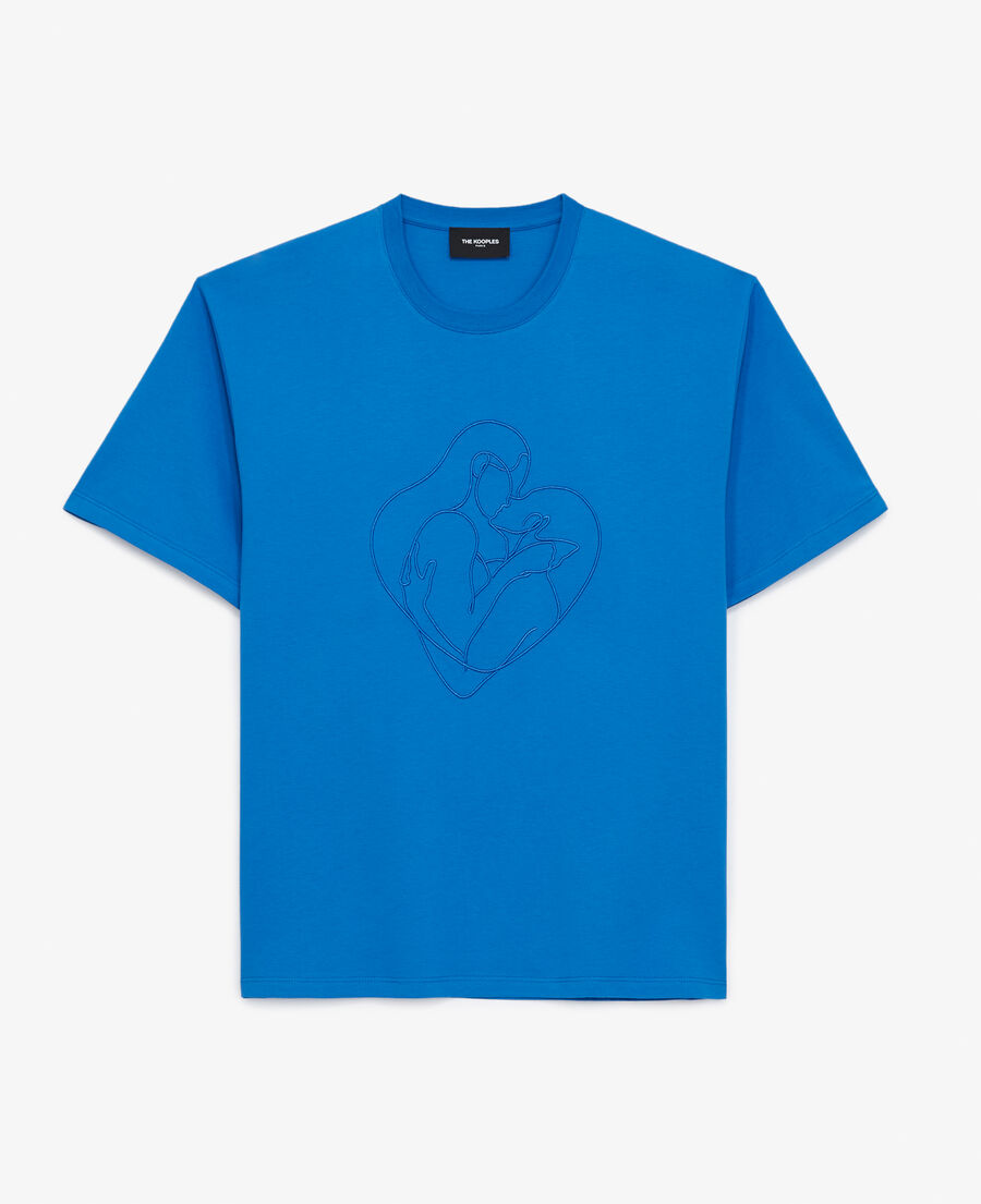 blue cotton t-shirt with tone-on-tone embroidery