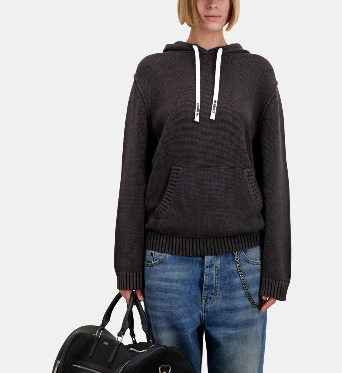 Black cotton and wool hooded sweater, this season's star piece