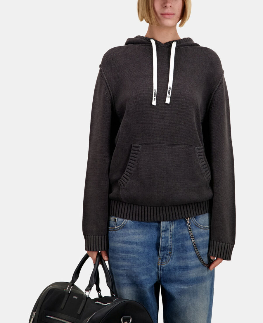 The Kooples WOMEN BLACK WASHED black cotton and wool hooded sweater
