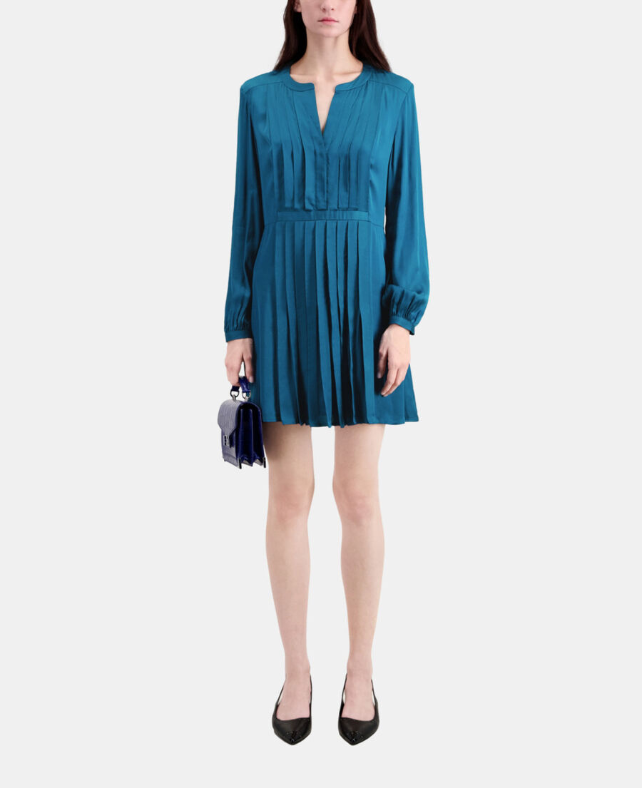 short blue dress with pleating