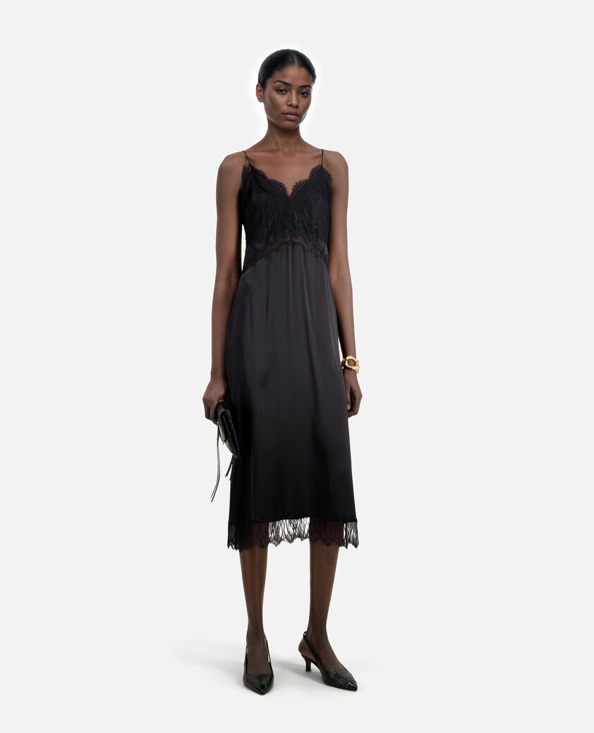 The Kooples WOMEN BLACK long black silk slip dress with lace details