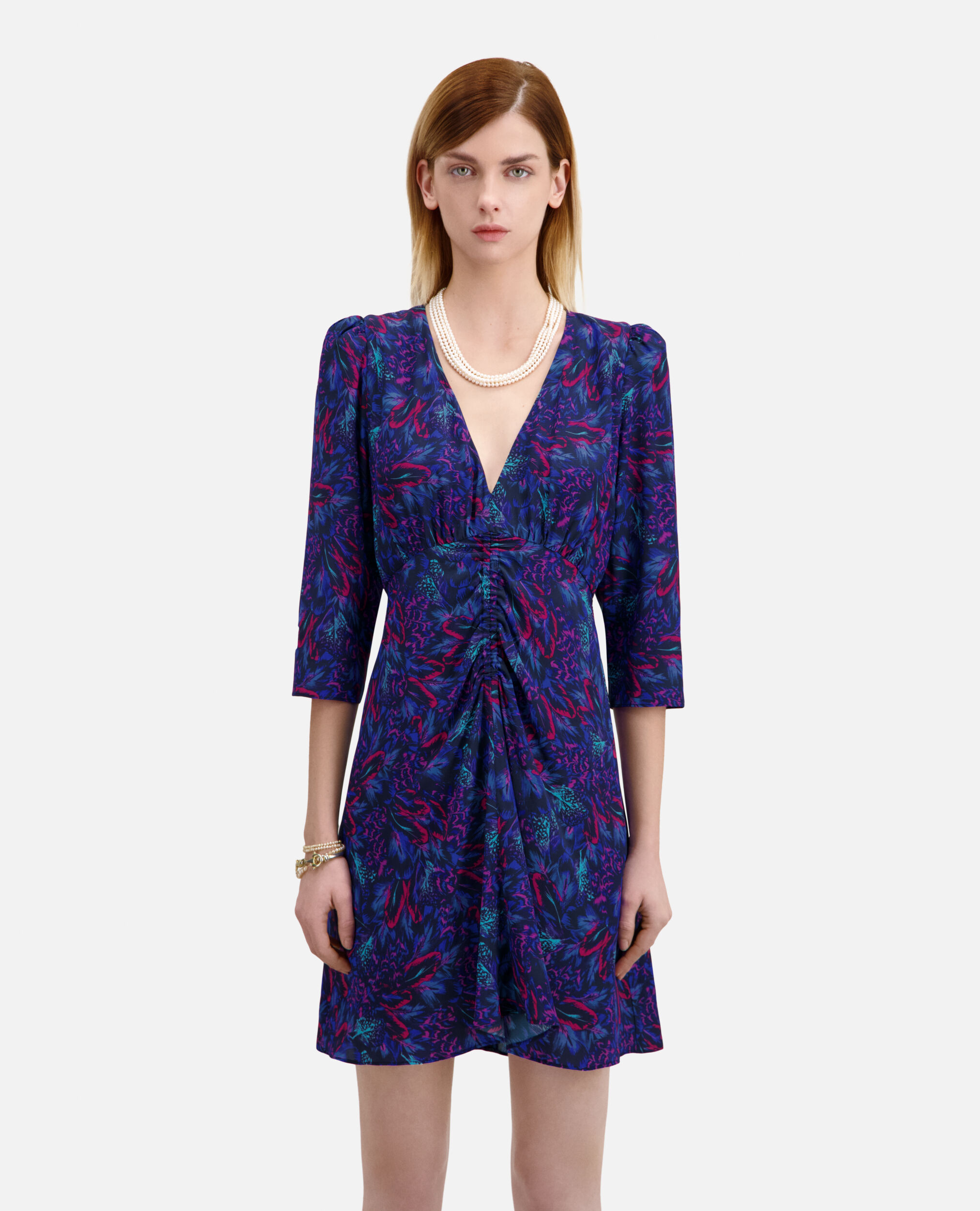 Kurzes Kleid mit Raffungen und Print, BLUE RED, hi-res image number null