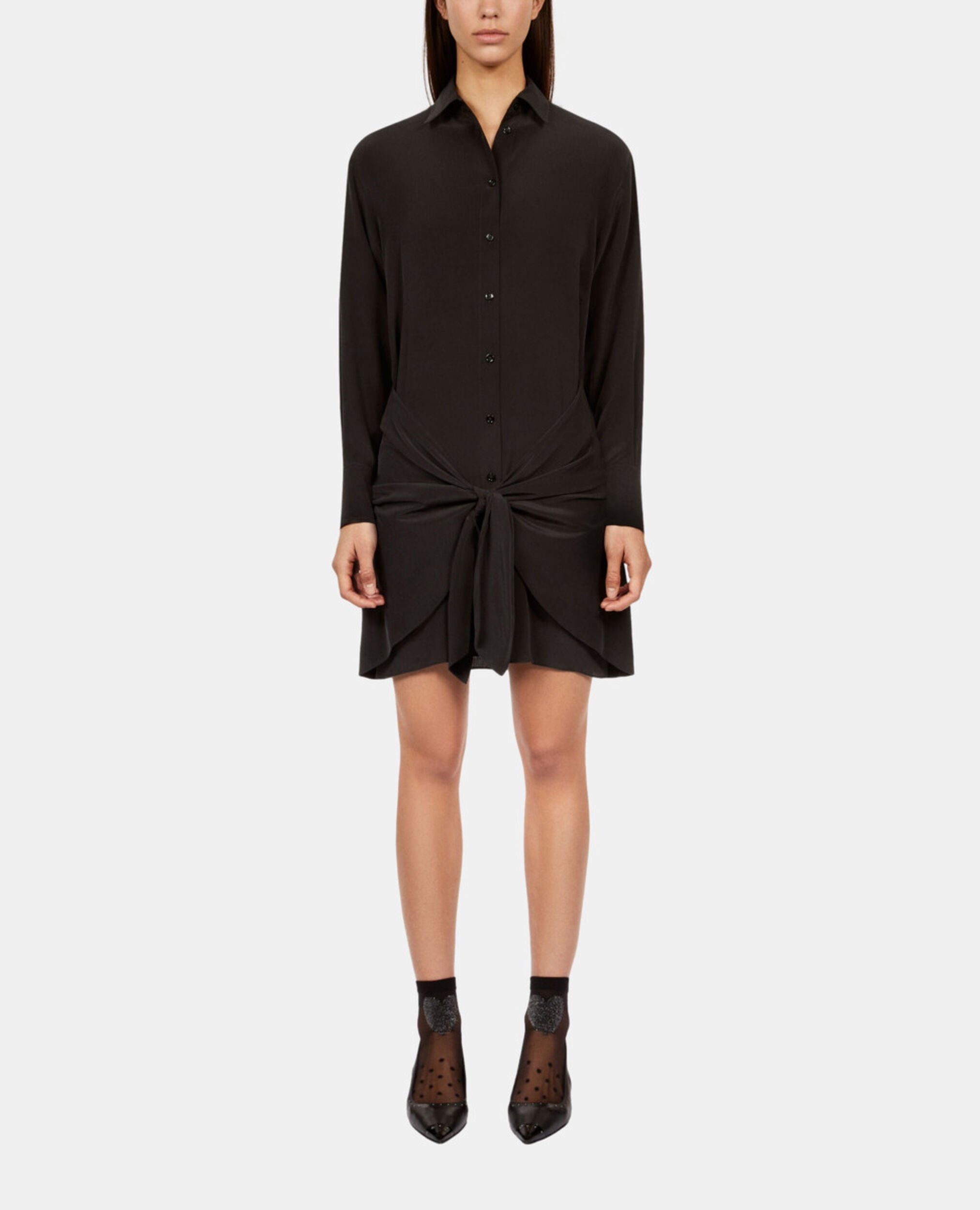 Robe chemise courte en soie avec nœud noire, BLACK, hi-res image number null