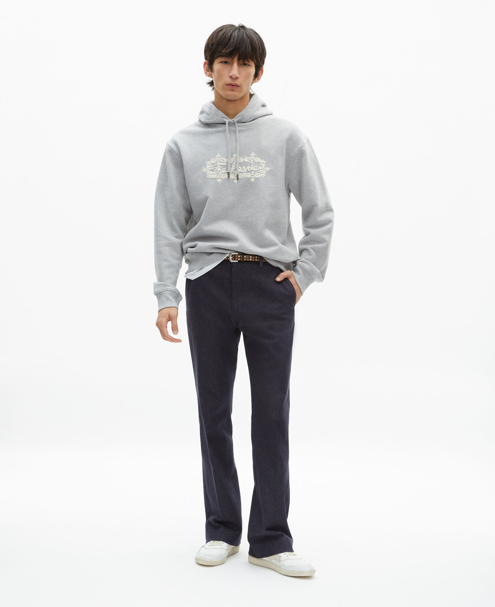 The Kooples MEN LIGHT GREY MELANGE gray embroidered hooded sweatshirt with logo