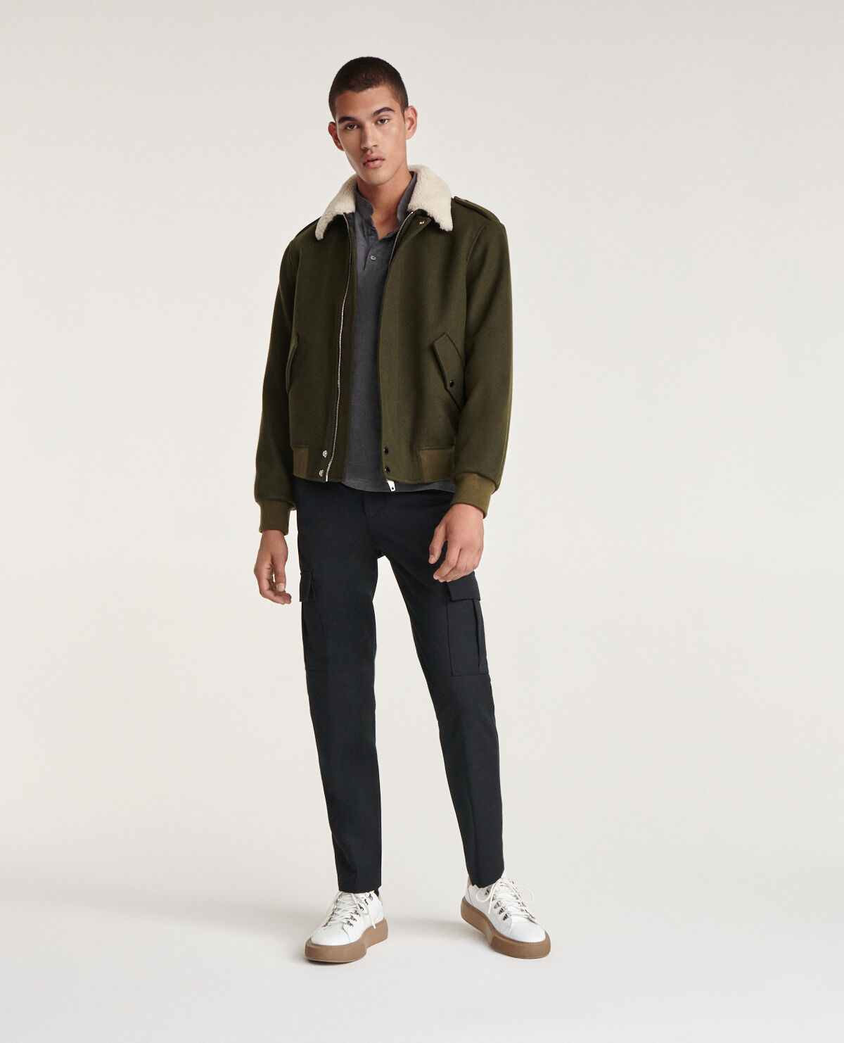 Khaki wool jacket with ecru collar The Kooples