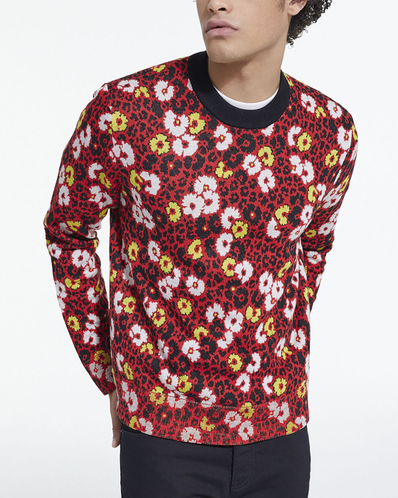 The Kooples MEN DARK RED floral print wool sweater