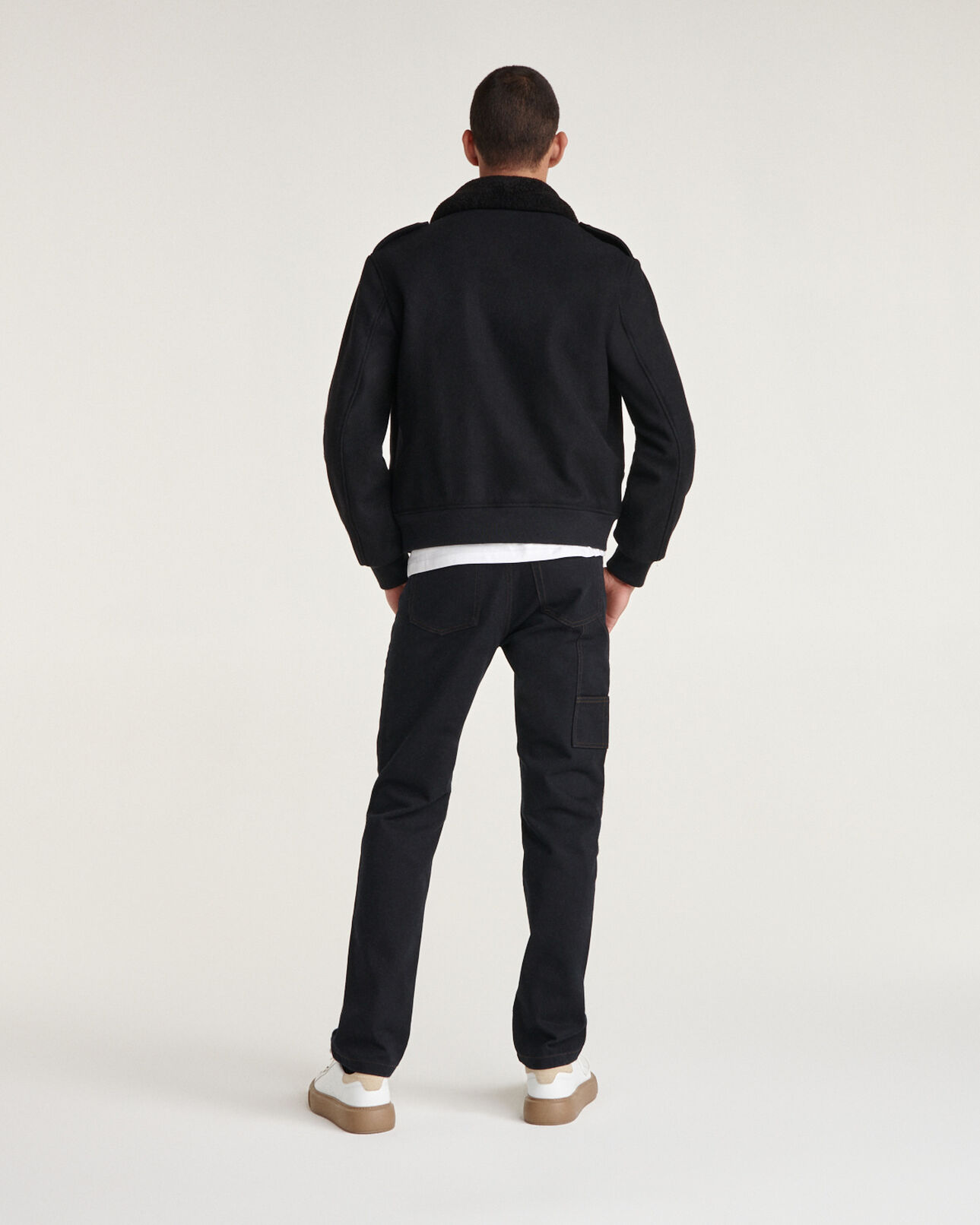 The Kooples HOMME BLACK blouson laine noire col marron