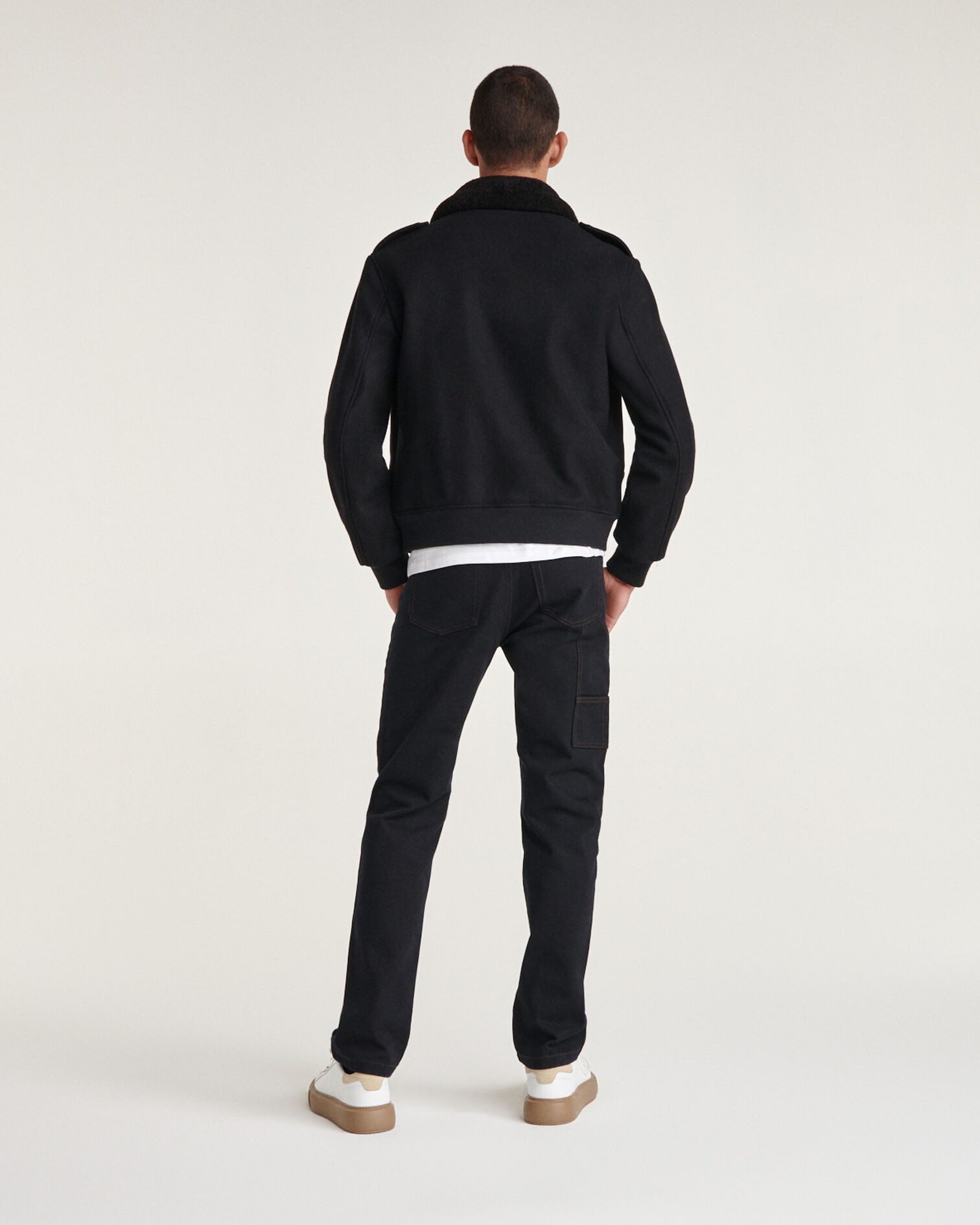 Blouson laine noire col marron, BLACK, hi-res image number null