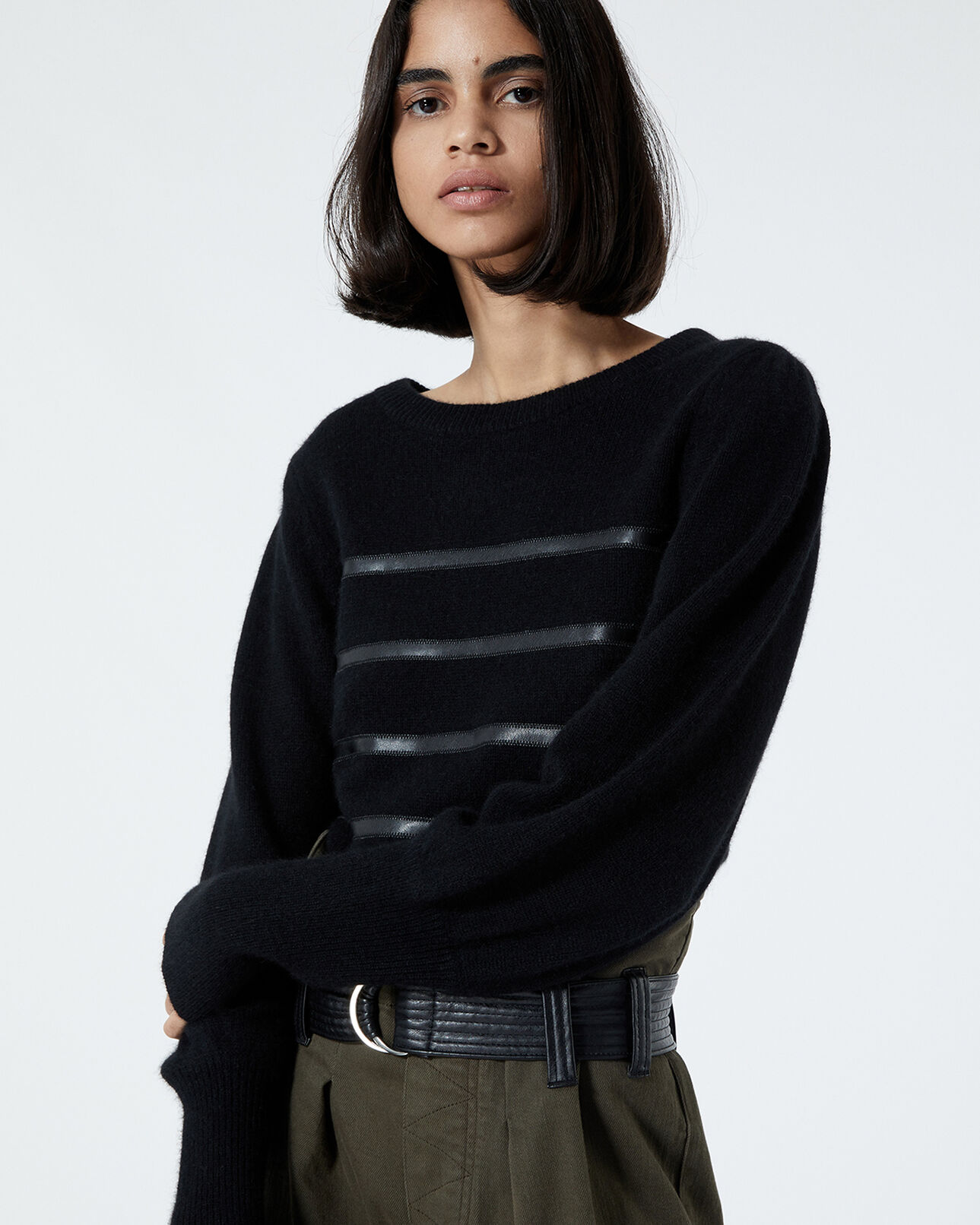 The Kooples DAMEN BLACK schwarzer pullover im marinestil mit leder