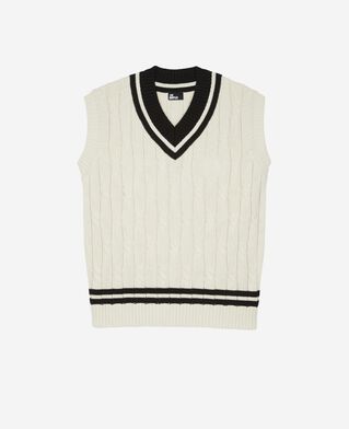 The Kooples HOMME BLACK-ECRU pull sans manches &agrave; torsades beige