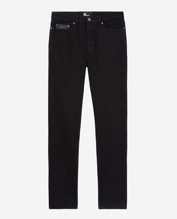 slim black jeans with leather pocket
