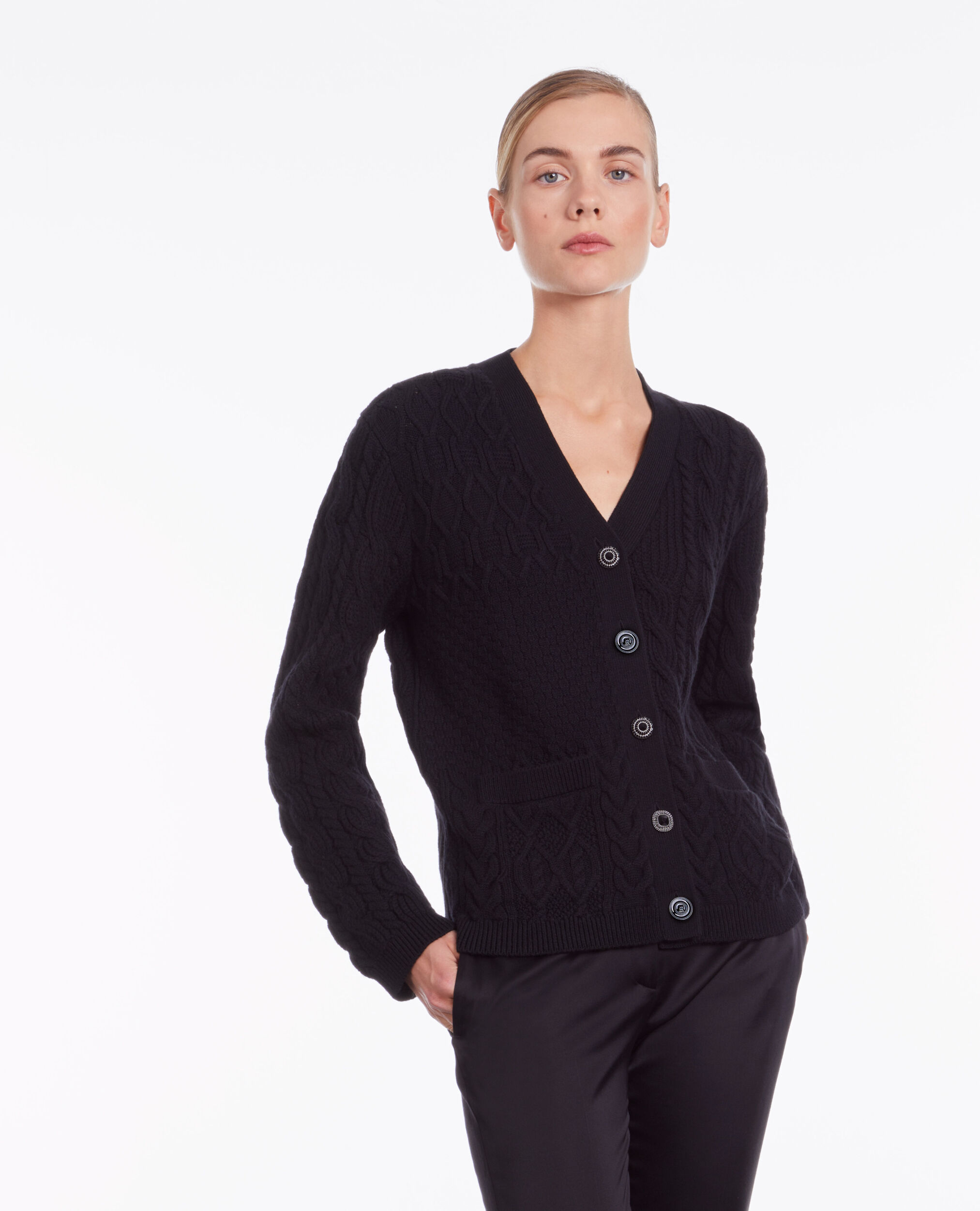 Black cable knit wool cardigan, BLACK, hi-res image number null