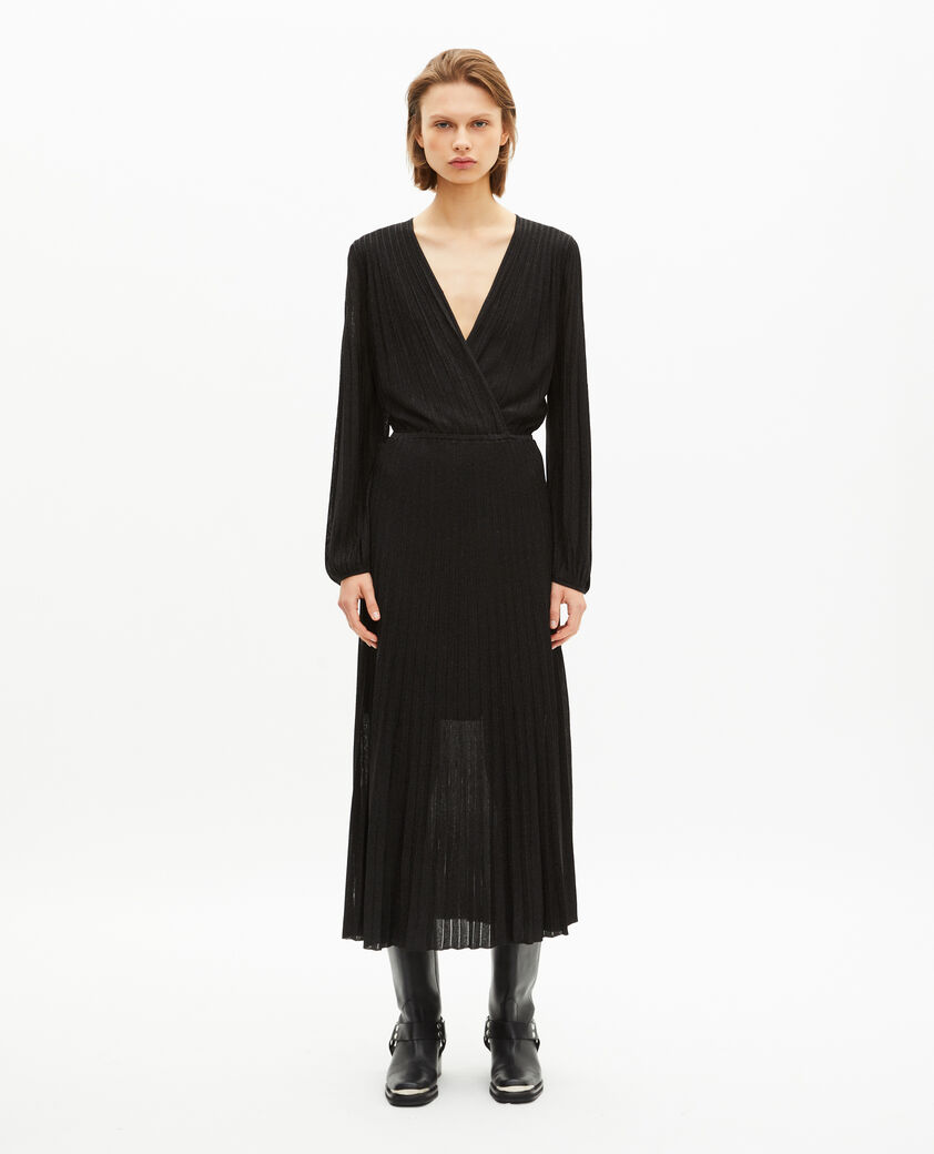 The Kooples FEMME BLACK/BLACK SHINY robe longue plissée en lurex noire