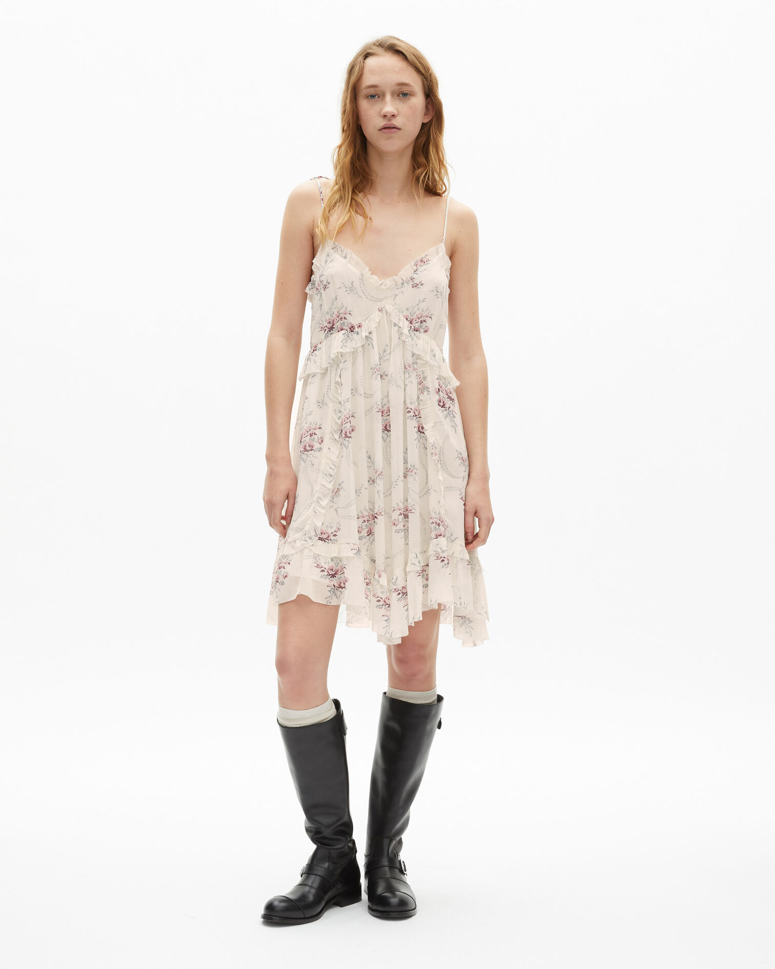 Kurzes weißes trägerloses Kleid mit Blumenmuster, OFF WHITE / PINK, hi-res image number null