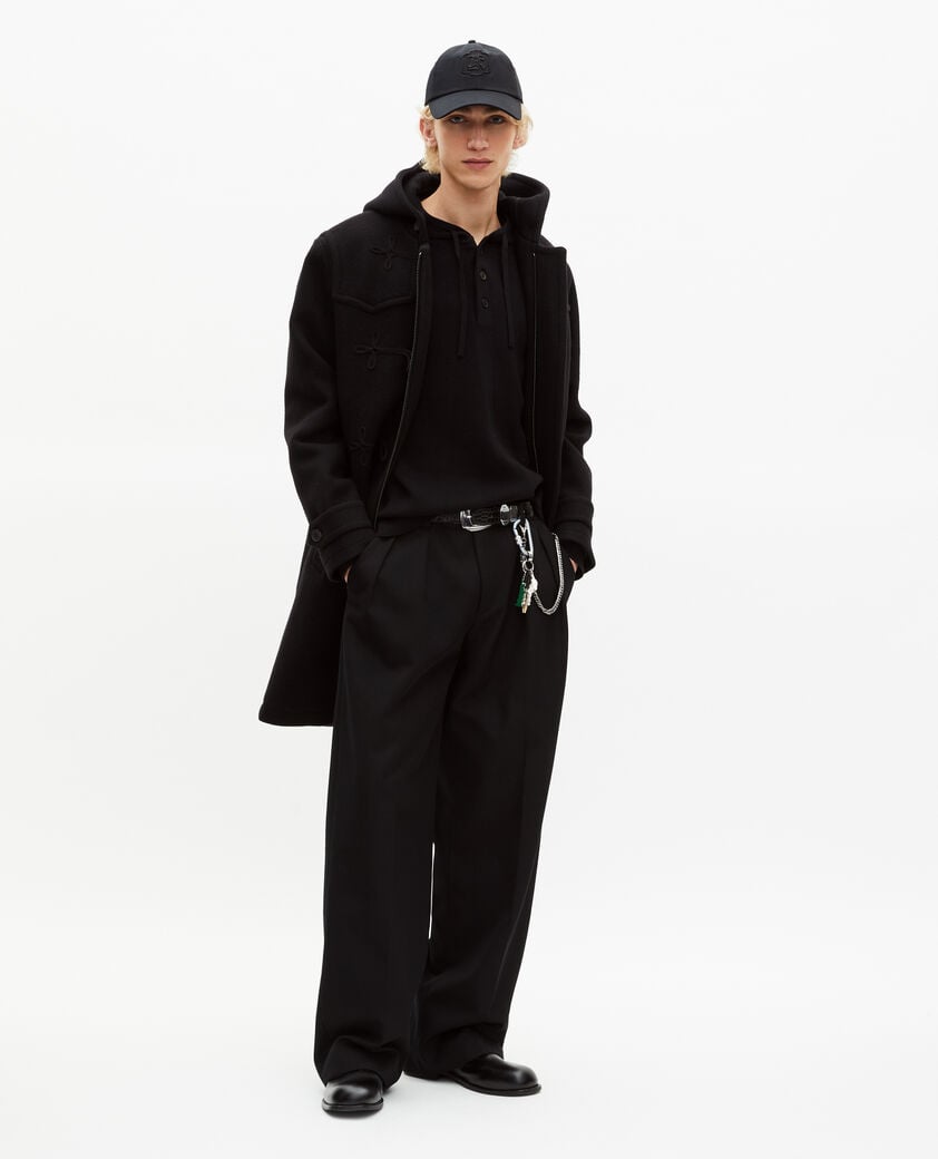 The Kooples H BLACK long black wool coat with brandenburg closure