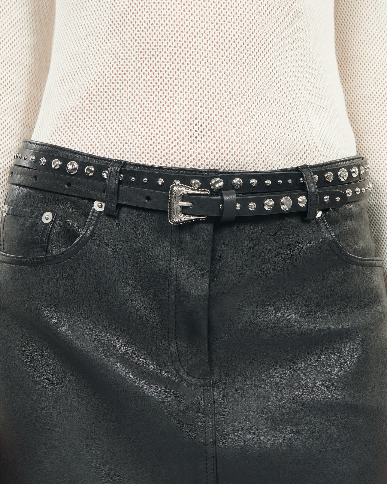 The Kooples FEMME BLACK ceinture fine en cuir avec clous noire